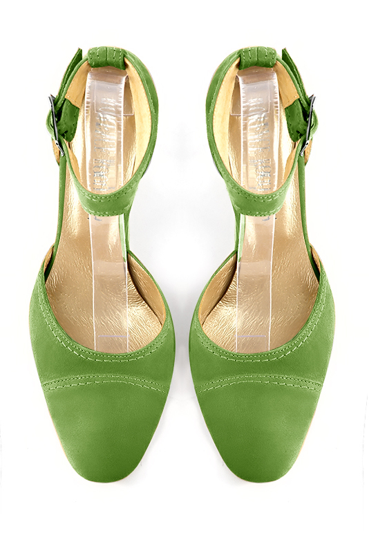 Grass green women's open side shoes, with a strap around the ankle. Round toe. High wedge heels. Top view - Florence KOOIJMAN